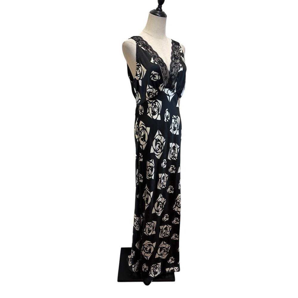 Topshop Black Satin Slip Dress Lace Rose Print Sz 8 Dark Coquette Whimsigoth - Picture 2 of 11